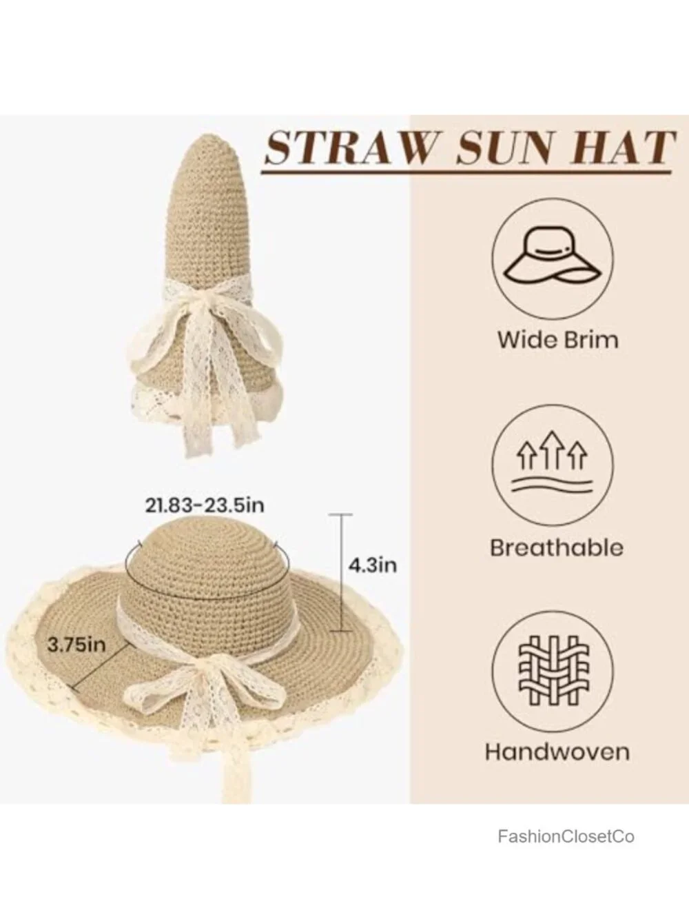 Wide Brim Sun Hat UPF 50+ Straw Beach Hat Foldable Packable